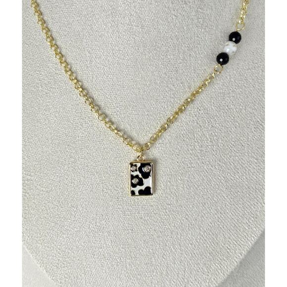 Black White Statement Necklace Flowers Enamel CZ Gold Plated Adjustable Chain - Picture 1 of 6